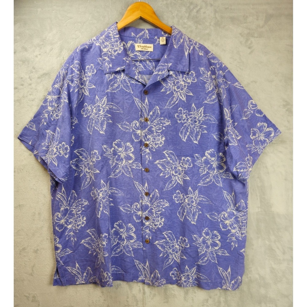 Caribbean Silk Blend Shirt Men 3XL Blue‎ Floral Hawaiian Loop Collar